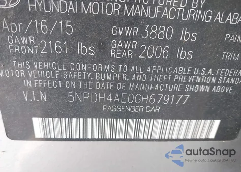 2016 Hyundai Elantra Se from USA, damaged, VIN 5NPDH4AE0GH679177